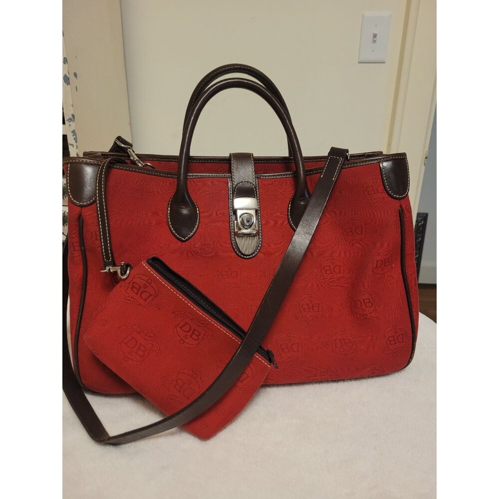 Dooney & Bourke Red Canvas Leather Satchel Tote Bag Matching Pouch Classic Prep - Picture 1 of 12